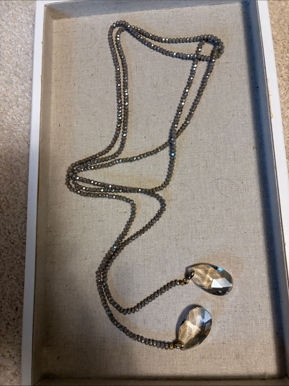 Faceted Teardrop Pendant Long Necklace in Smoky Gray
